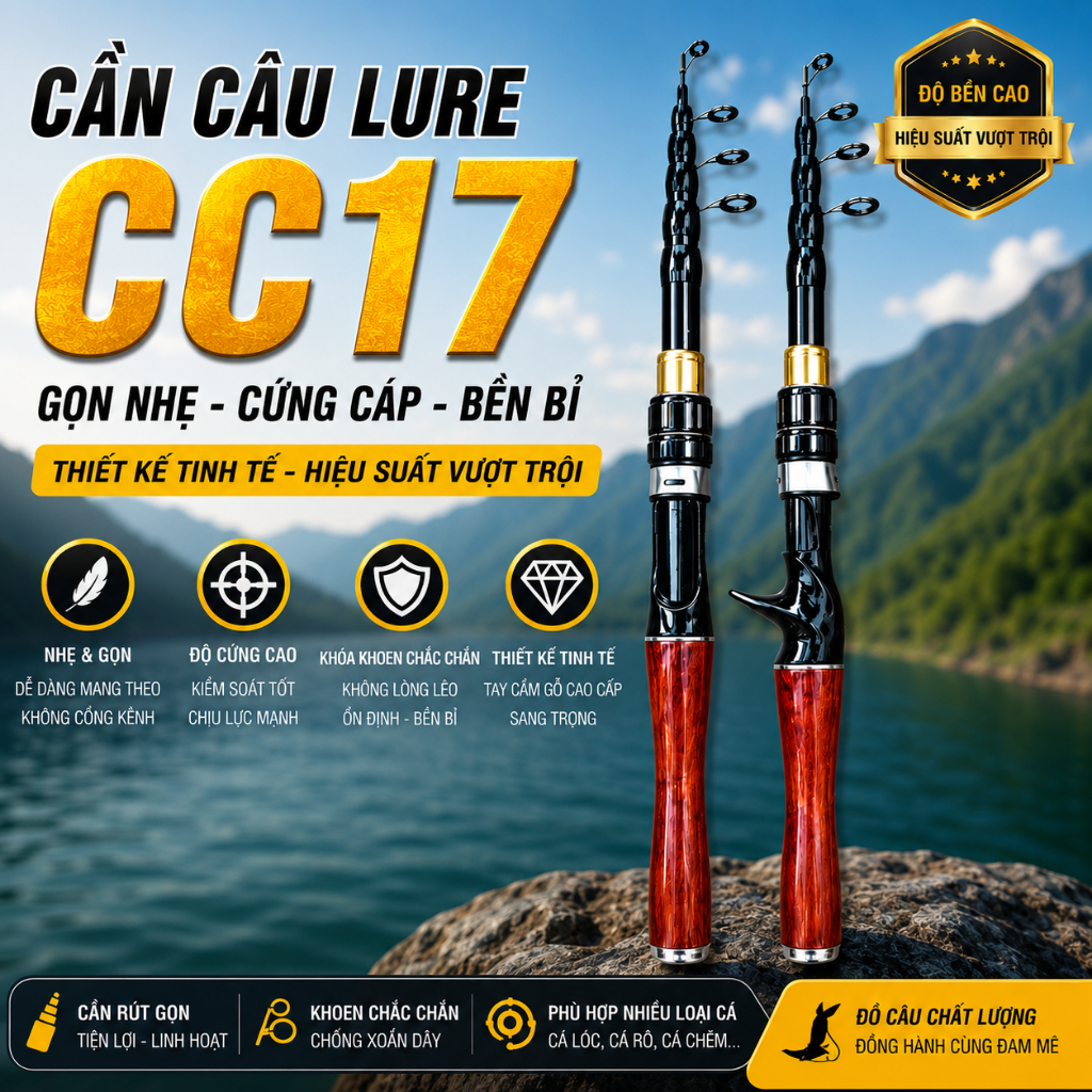 Cần Câu Máy Thu Gọn - Cần Câu Lure rút mini cán gỗ  Fiasst CC17