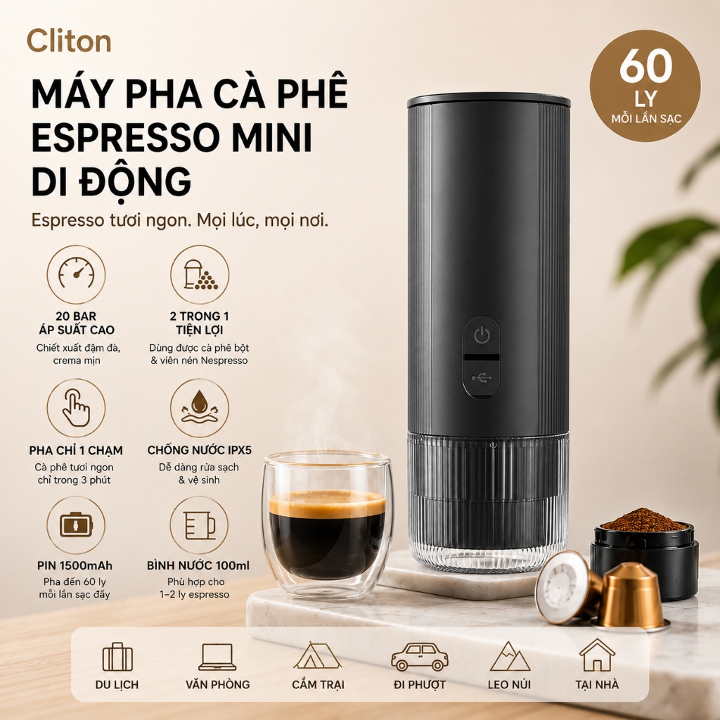 Cliton S11 Máy Pha Cà Phê Espresso Cầm Tay Mini 20Bar Dùng Bột & Viên Nén Nespresso Pin Sạc Type-C
