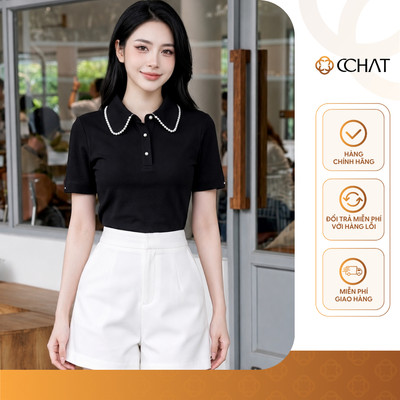 Áo Thun Nữ 𝐂𝐂𝐇𝐀𝐓 Dáng Ôm Catherine Cổ Đính Ngọc Trang Trí Chất Liệu Mềm Mát 16TNC9054OT