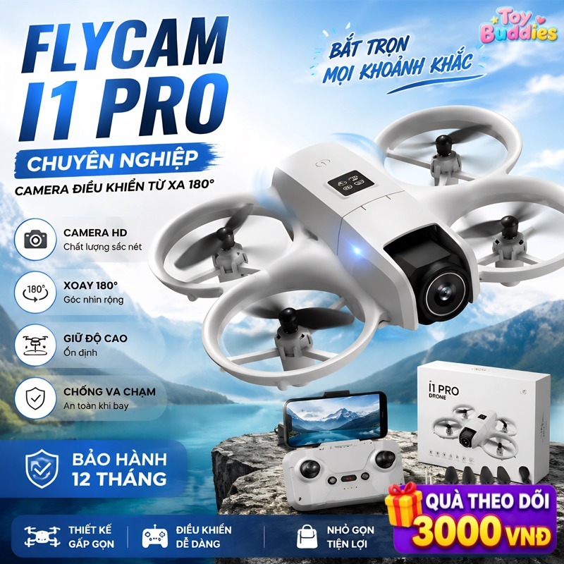 Flycam I1 Pro, Camera HD Có Thế Xoay 180 Độ, Cảm Biến Tránh Né Vật Cản 4 Hướng, Flycam Mini Giá Rẻ