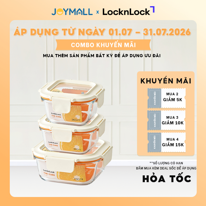 Hộp đựng thực phẩm thủy tinh LocknLock The Cube Square, Hàng chính hãng, nhiều dung tích - JoyMall