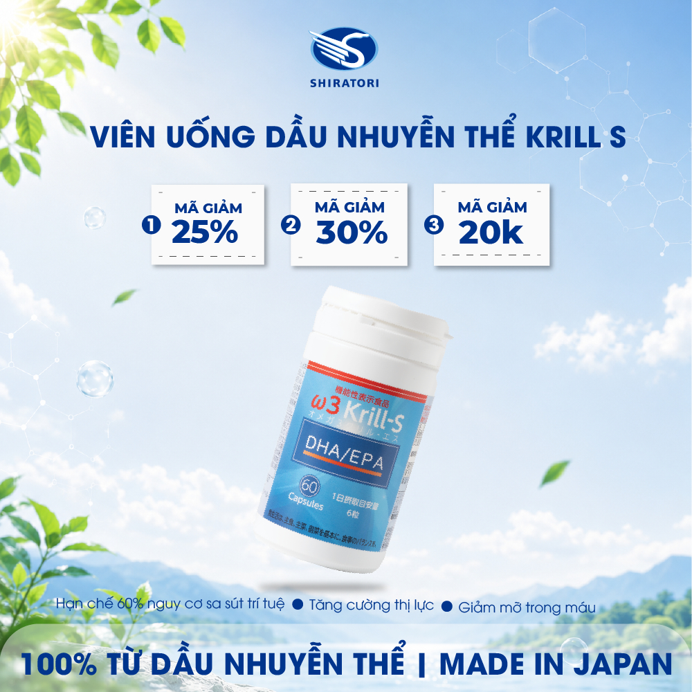 Dầu Nhuyễn Thể Omega 3 Krill S Giảm Mỡ Máu, Tốt Tim Mạch, Bổ Não- Lọ 60V(560mg/v)-Shiratori Nhật Bản