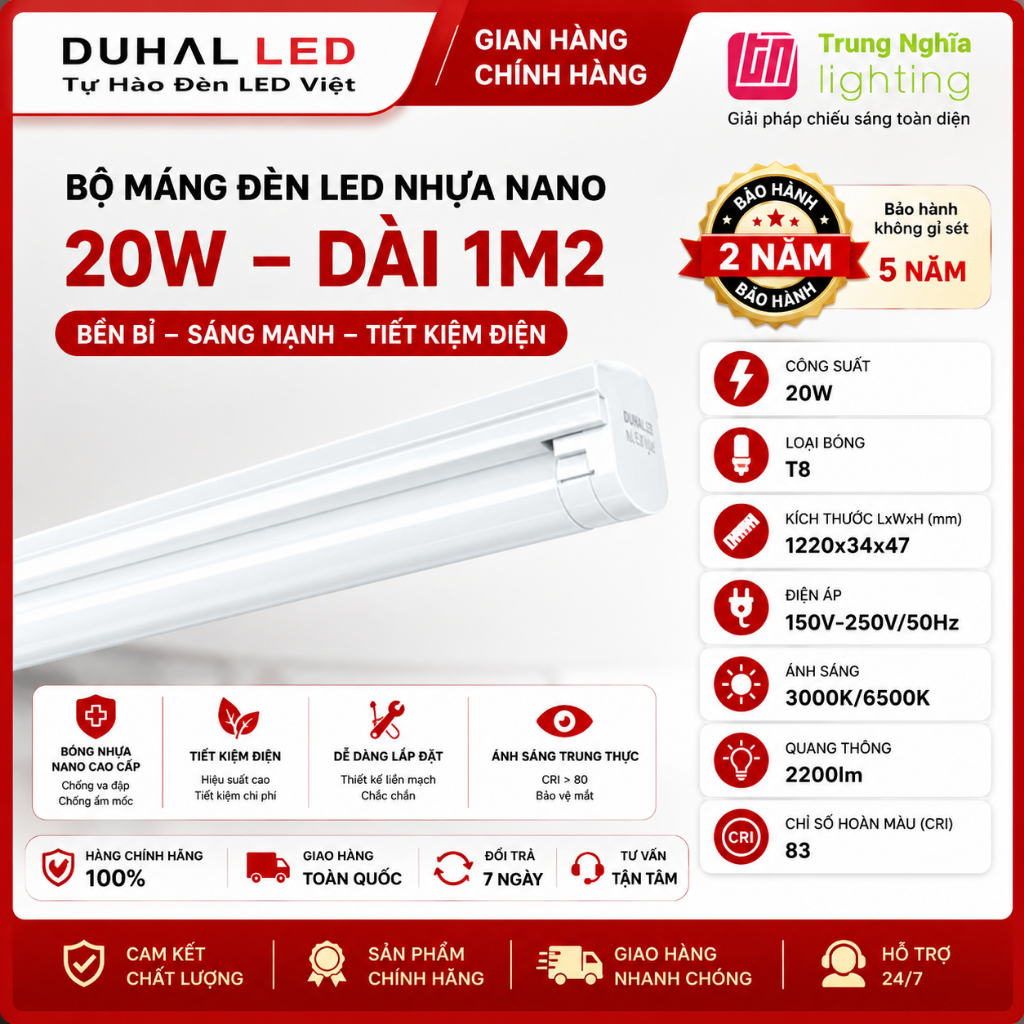 Bộ Máng Đèn Led Cao Cấp Nhựa Nano 1M2 Batten 20W T8 DUHAL KDHD320
