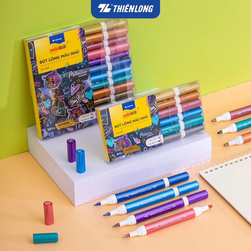 Bút lông 6/12 màu nhũ Fiber Pen Metallic Thiên Long Colokit - Màu nhũ lấp lánh, vẽ được trên giấy đe