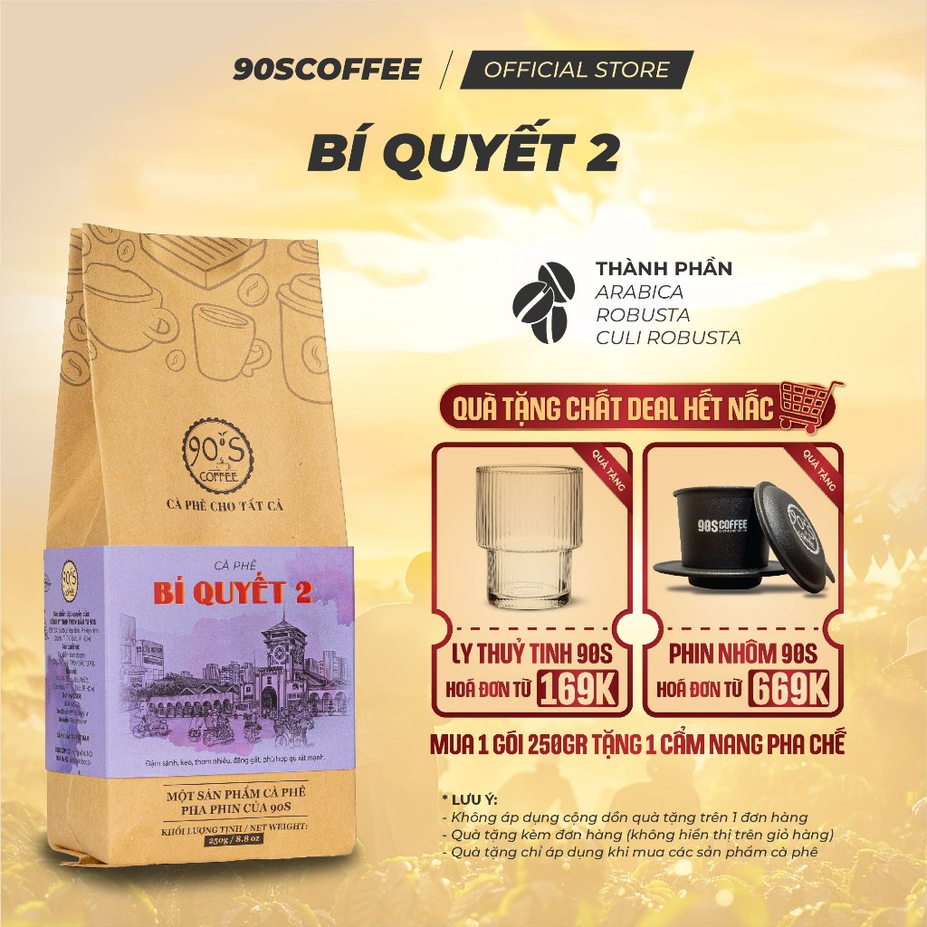 Cà Phê Bí Quyết 2 Rang Mộc Nguyên Chất - Đắng Đậm, Chua Thanh, Hậu Ngọt | 90S COFFEE