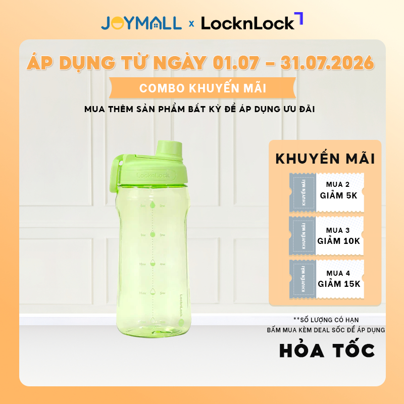 Bình nước nhựa LocknLock Active Large Bottle HAP941 1.5L, Hàng chính hãng, tay cầm gấp gọn - JoyMall