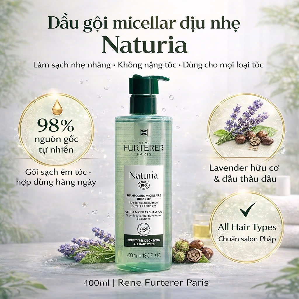 Micellar René Furterer Naturia Organic 400ml – Dầu Gội Furterer Làm Sạch Nhẹ Dịu Cho Da Đầu Nhạy Cảm