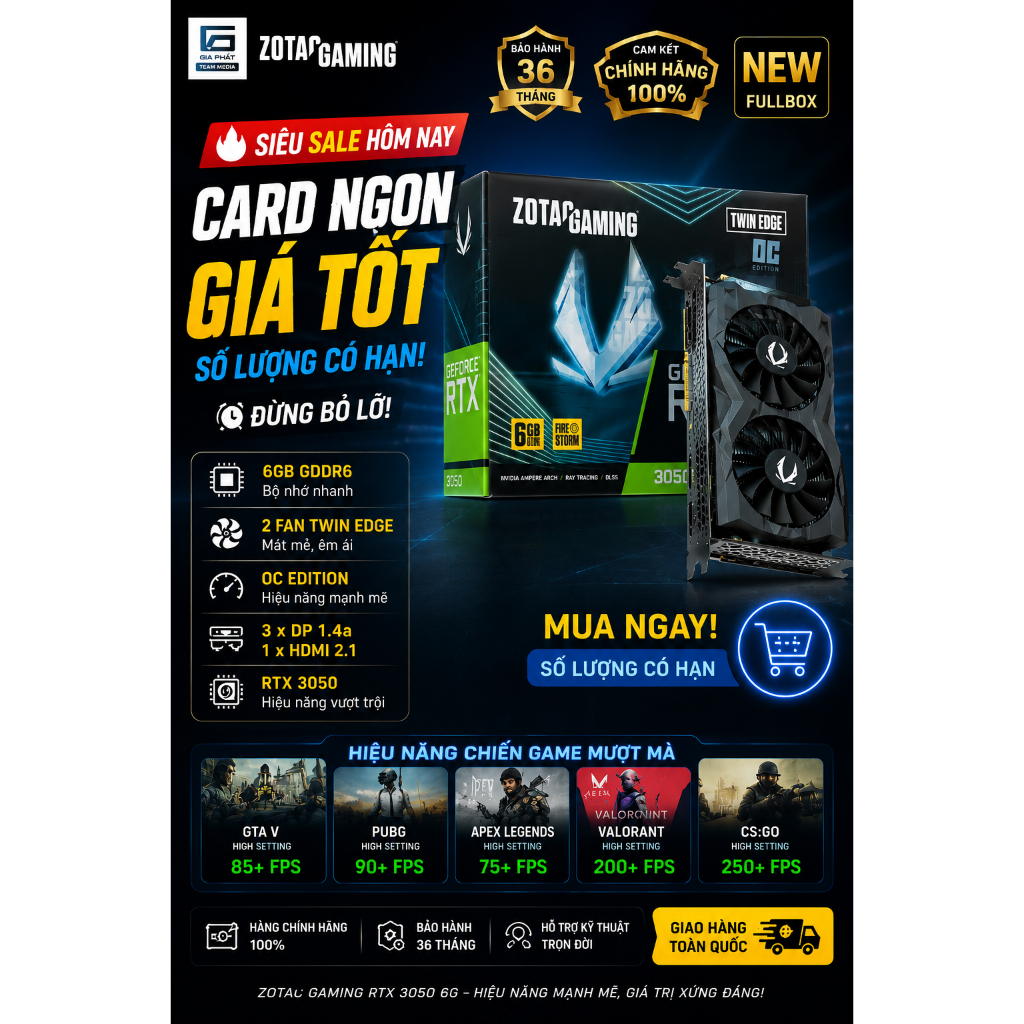 Card màn hình ZOTAC Gaming RTX 3050 6G DDR6 2 Fan Twin Edge OC New Chính Hãng Bảo hành 36 Tháng