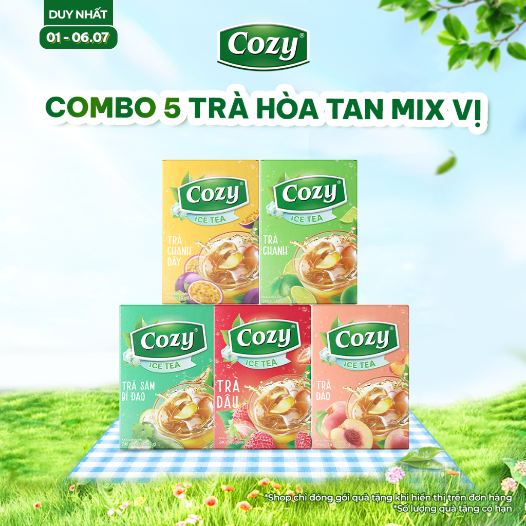 [COMBO 5] Trà Cozy Hoà Tan Ice Tea (5 hộp x 16 gói) Gồm Đào, Dâu, Vải, Chanh Dây,Chanh,Sâm Bí Đao Gi