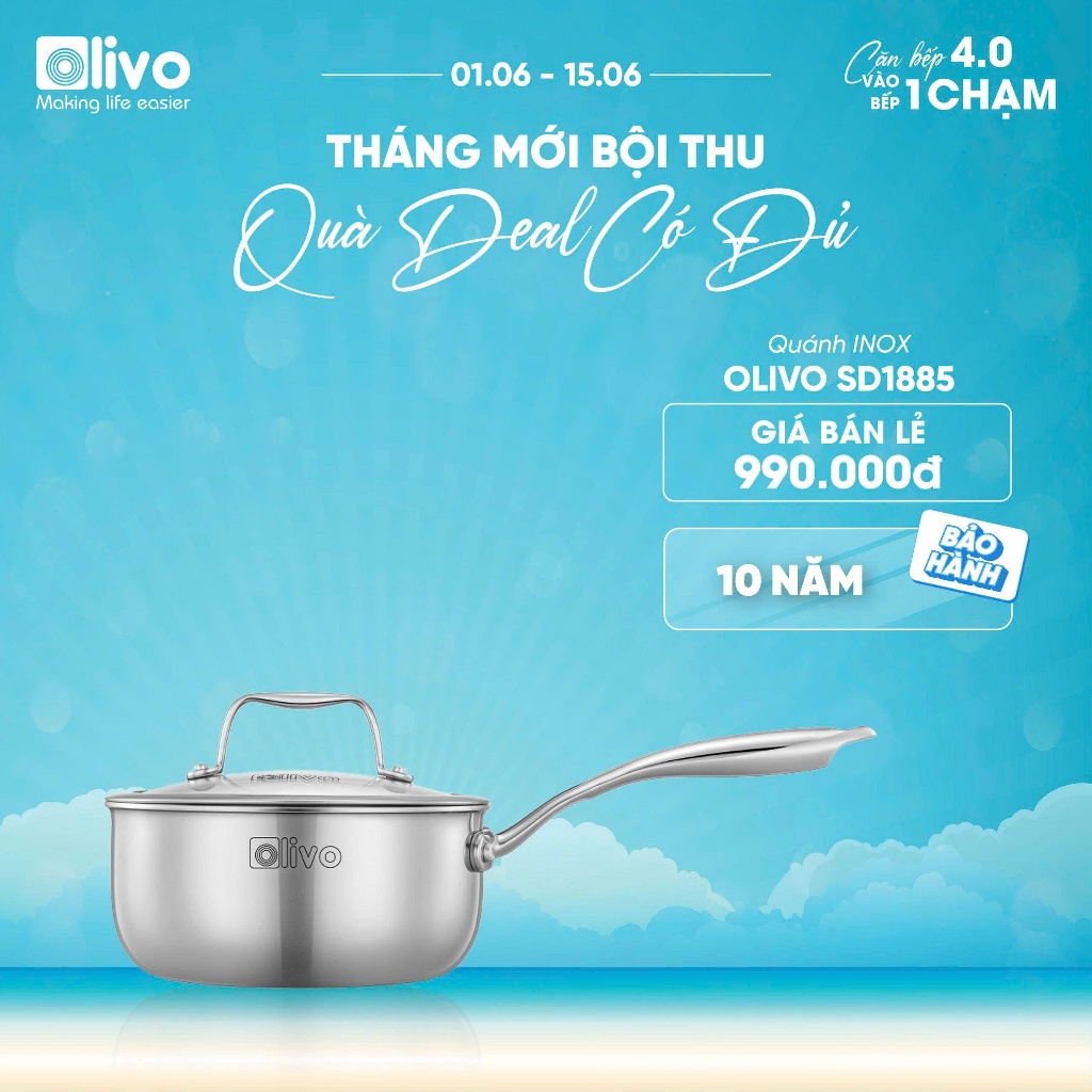 Quánh Inox Nguyên Khối OLIVO Davinci SD1885 Size 18 - Sâu Lòng 8.5cm – 3 Lớp, Dùng Mọi Loại Bếp, hàn