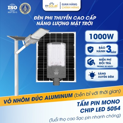 Đèn Đường Phi Thuyền Năng Lượng Mặt Trời TP SOLAR Công Suất 1000W, Chiếu Sáng 600m2, Vỏ Hợp Kim Nhôm TP.PT11.1000
