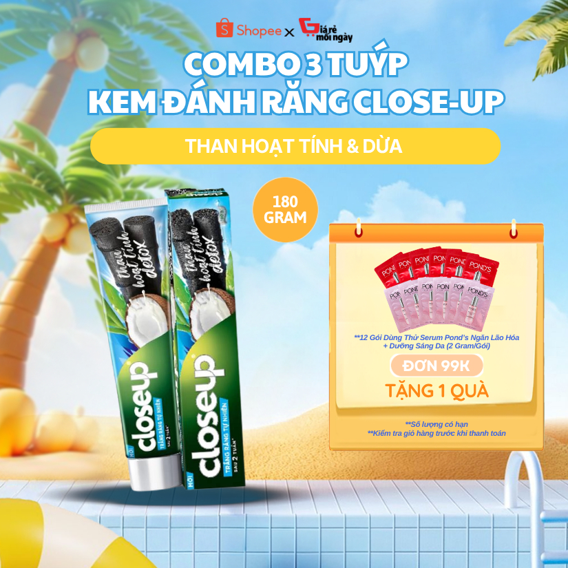 Combo 3 Kem Đánh Răng Closeup Than Hoạt Tính Detox 180gr