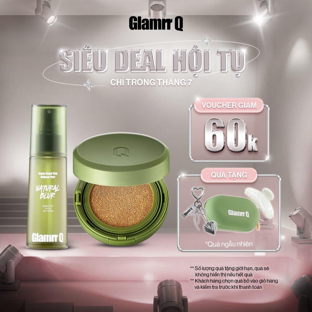 Combo Glamrr Q Cushion &  Xịt Khóa Nền Cố Định Glamrr Q Vegan Super Stay Makeup Fixer 50ml