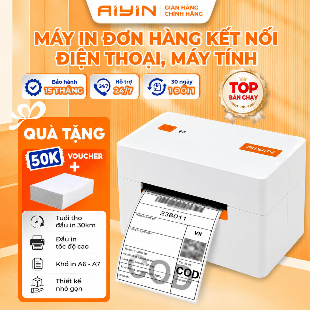 Máy In Nhiệt Bluetooth AYIN Khổ A6 A7, Máy In Đơn Hàng TMĐT, In Mã Vận Đơn, In Logo BH 15 Tháng