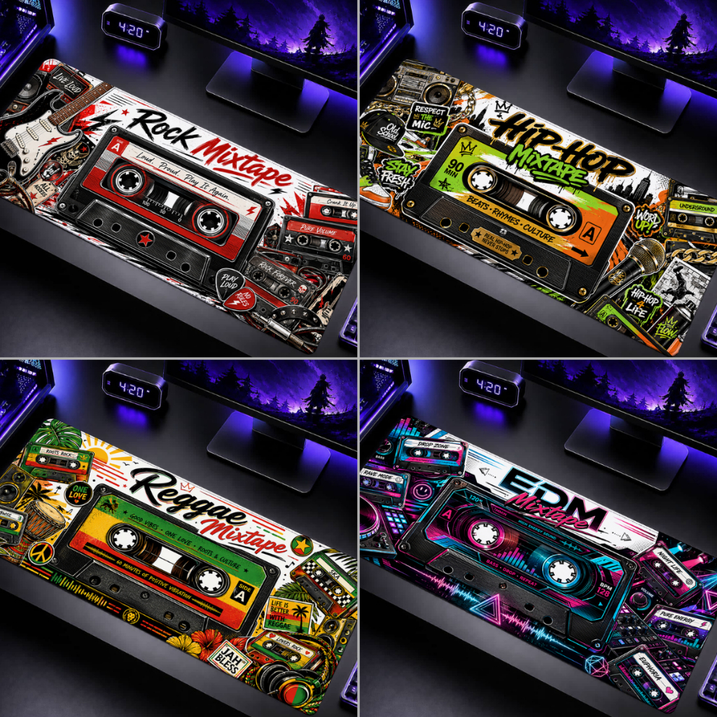 Lót Chuột Deskmat Retro Mixtape Music 90x40/80x30/70x30/60x30, Bàn Di Chuột Gaming Chủ Đề Âm Nhạc Vi