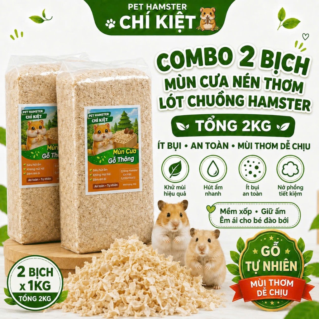 Combo 2 Bịch Mùn Cưa Nén Thơm Lót Chuồng 2KG Cho Chuột Hamster Ít Bụi An Toàn Mùi Thơm Dễ Chịu