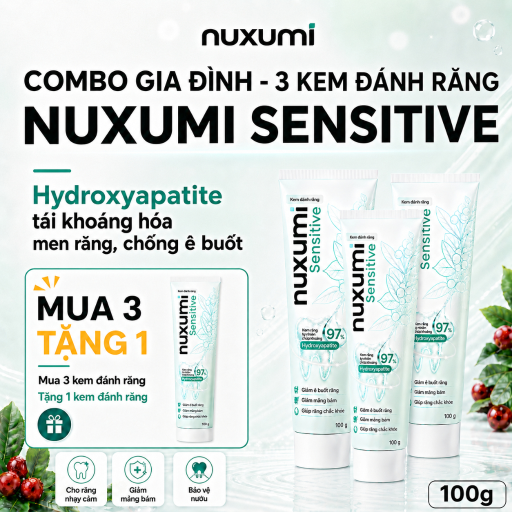 Combo 3 Kem Đánh Răng Nuxumi Sensitive, Loại Sạch Mảng Bám, Tái Khoáng Men Răng, Giảm Ê Buốt 100g