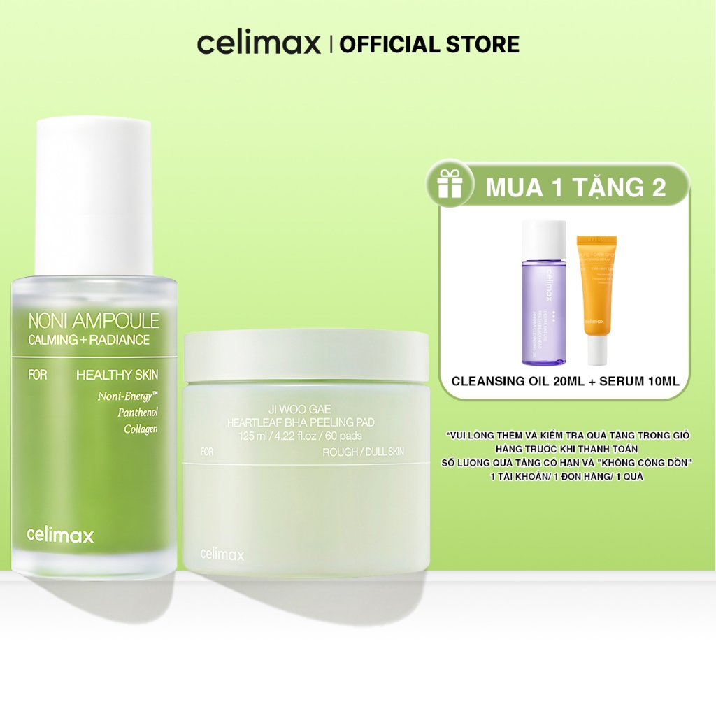 [COMBO 30ml + 60 Pads] Tinh Chất Làm Dịu Celimax The Real Noni + Toner Pad Tẩy Tế Bào Chết Celimax H