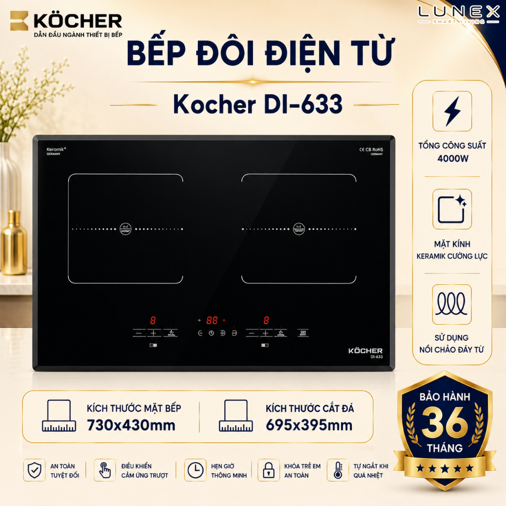 Bếp đôi điện từ cảm ứng Kocher DI-633 - Sản xuất Việt Nam, bảo hành tận nơi 36 tháng