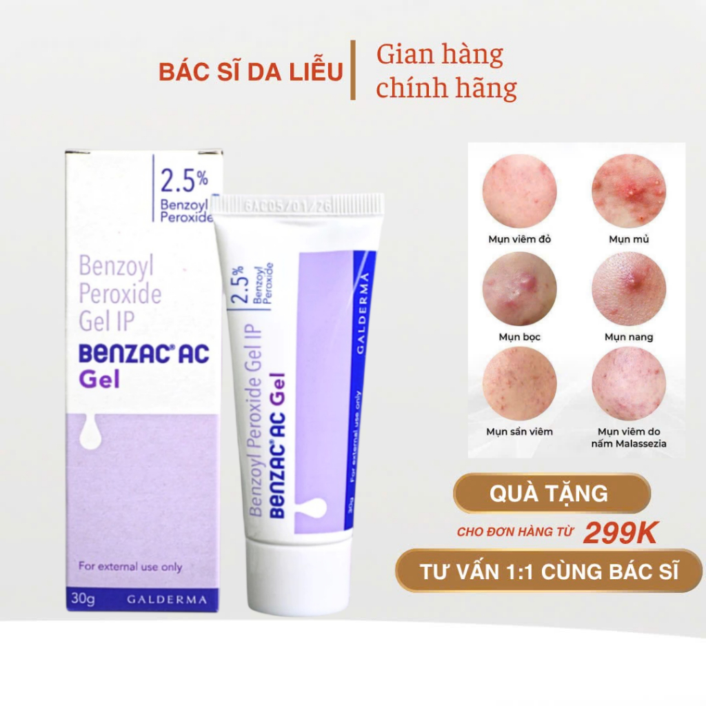 Kem giảm mụn nhanh Benzac AC | Benzoyl Peroxide 2.5% - 5% Gel Hỗ Trợ Giảm Mụn Trứng Cá
