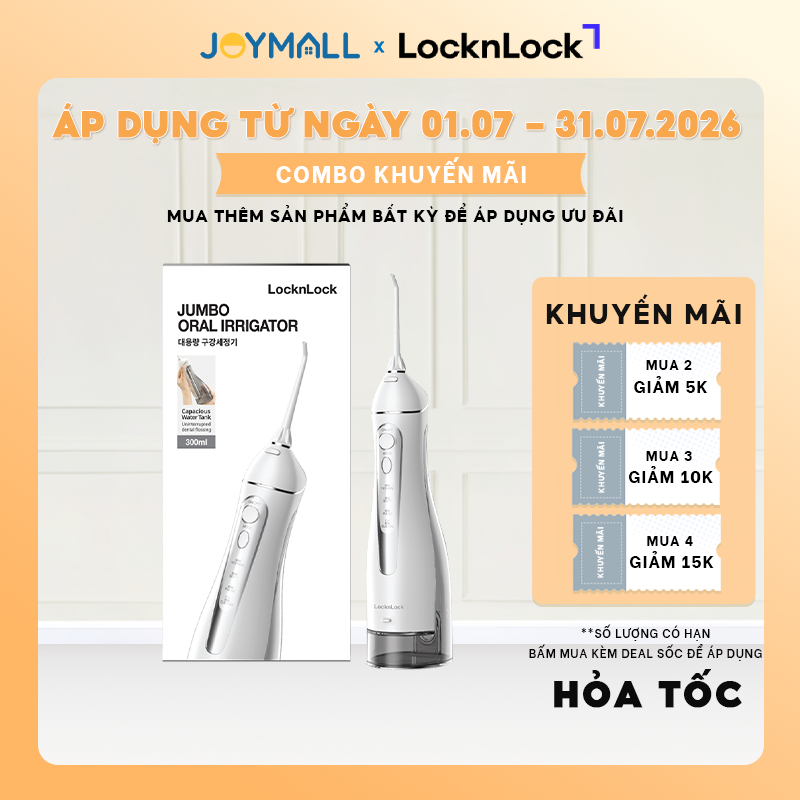 Máy tăm nước LocknLock Jumbo oral irrigator 300ml 3 loại đầu tăm 4 chế độ sử dụng đến 20 ngày ENR166