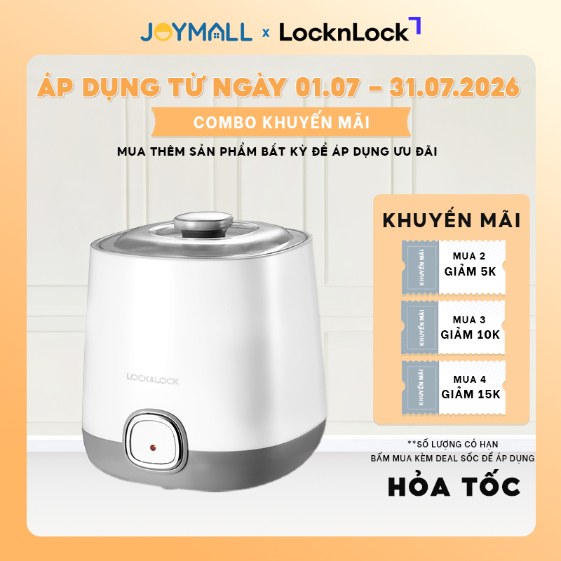 Máy làm sữa chua LocknLock EJY110SLV 1lít, Hàng chính hãng, nắp trong suốt dễ quan sát  - JoyMall