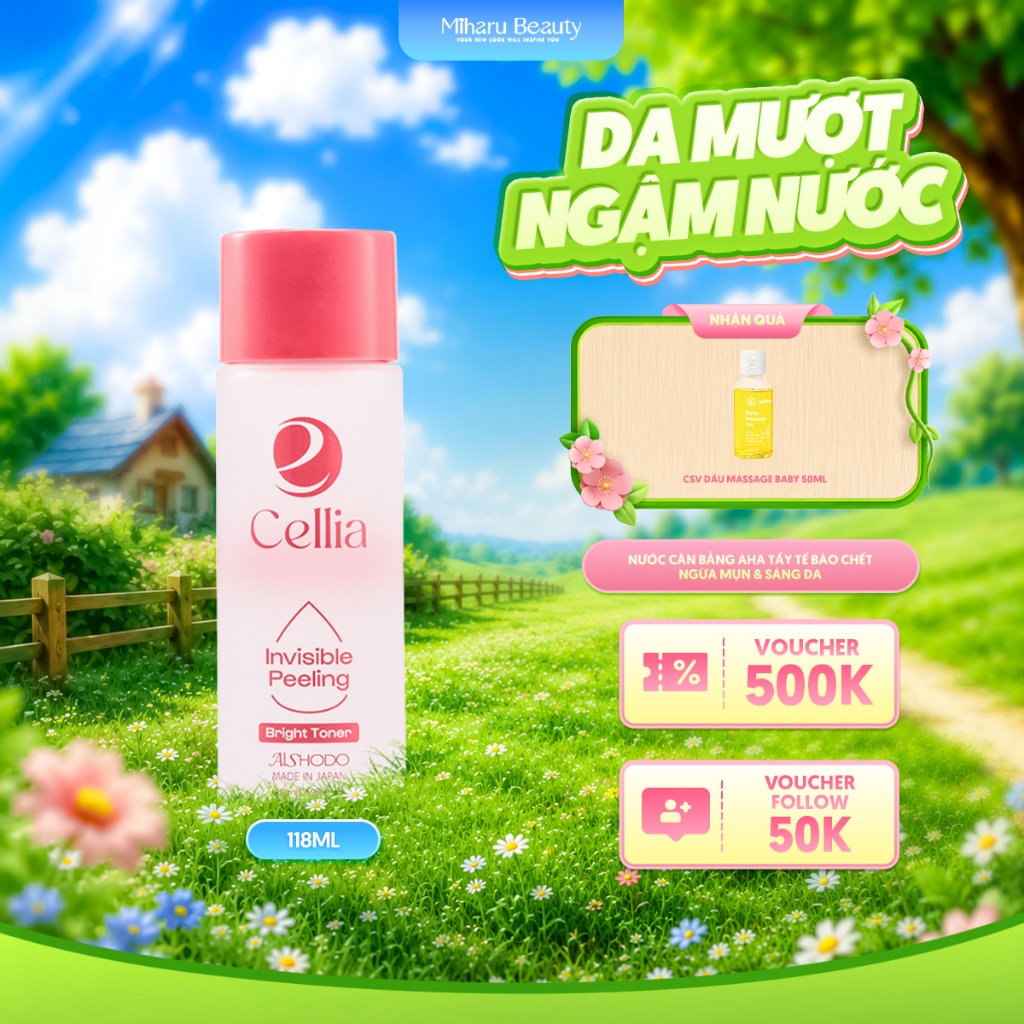 Nước Cân Bằng AHA tẩy tế bào chết ngừa mụn & sáng da - Cellia Invisible Peeling Bright Toner 118ml