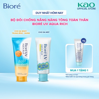 Combo Chống Nắng Sáng Rạng Rỡ UV Aqua Light Up 70g và Chống Nắng Dưỡng Thể Nâng Tông Peach Pearly 130ml