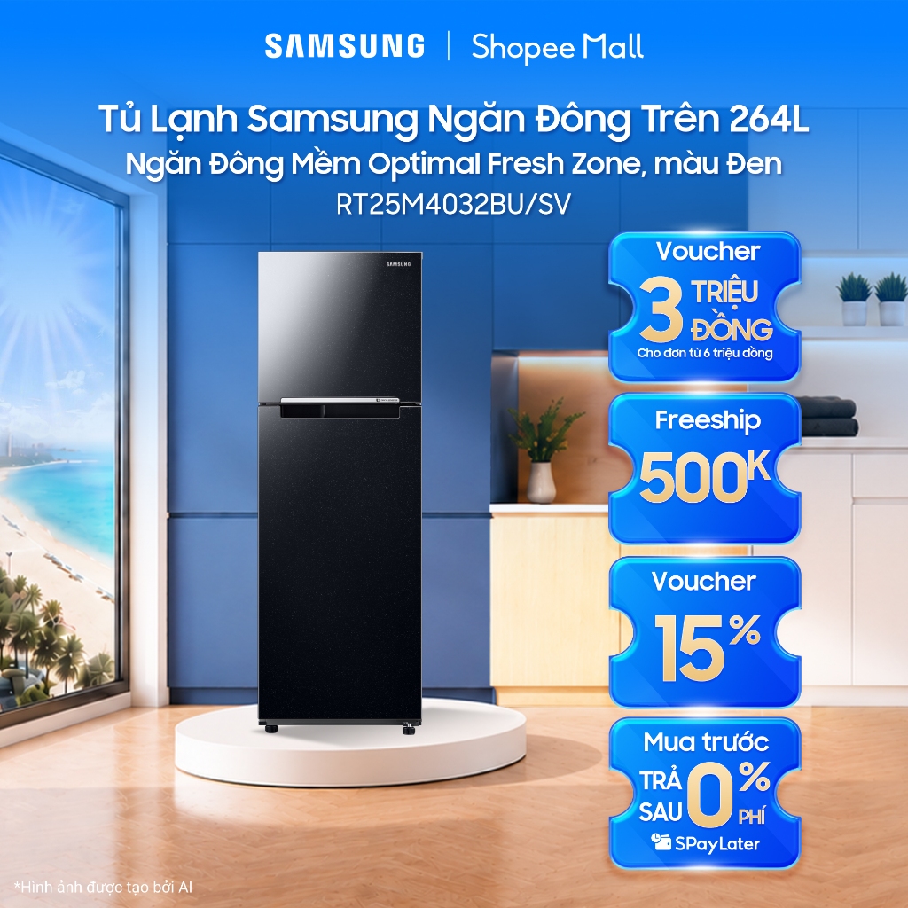 Tủ Lạnh Samsung Ngăn Đông Trên 264L RT25M4032BU/SV - Ngăn Đông Mềm Optimal Fresh Zone, màu Đen