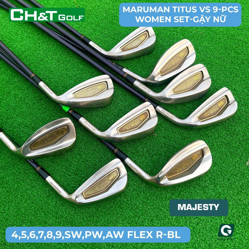 Bộ gậy golf sắt nữ Majesty x Maruman Titus VS 9 cây 3,4,5,6,7,8,9,Sw,Pw,Aw Flex L sáng đẹp