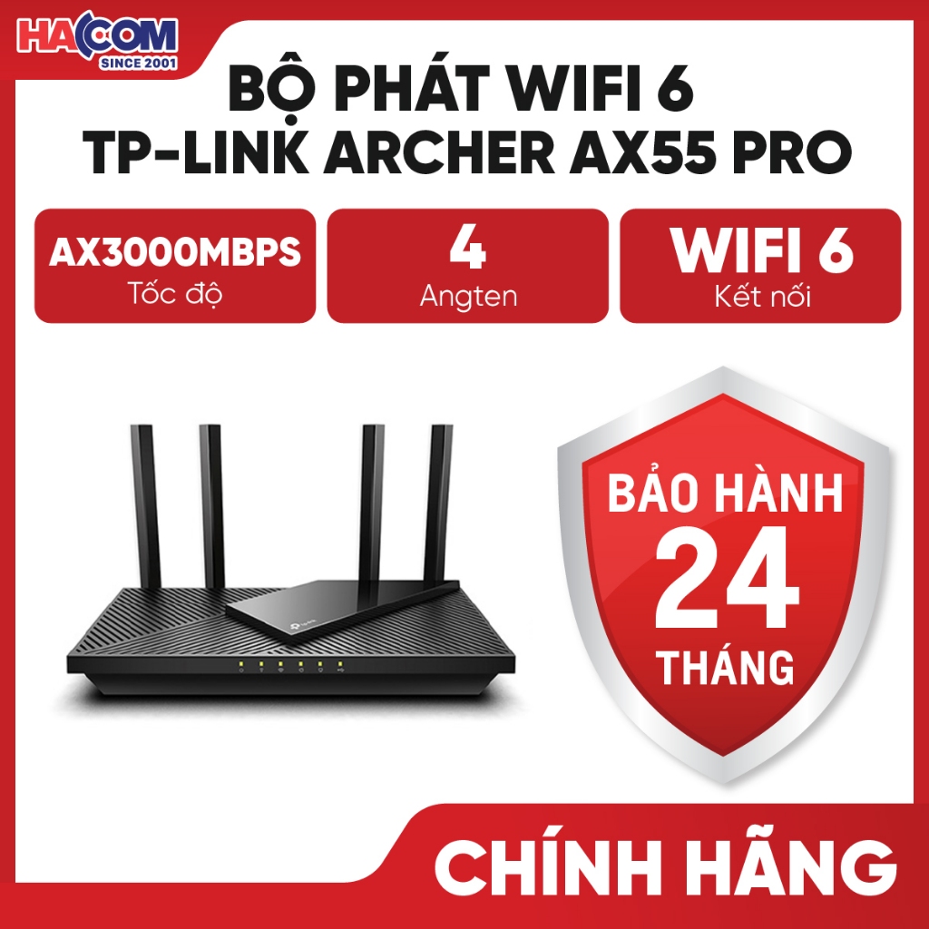 Bộ Phát Wifi 6 TP-Link Archer AX55 Pro (AX3000 - Cổng 2.5G) - BH 24 Tháng HACOM PC