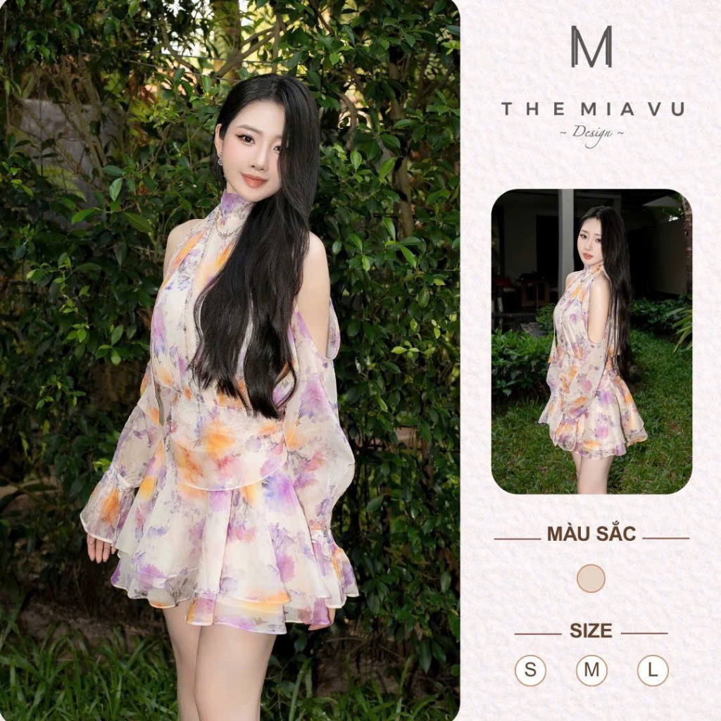[New Collection]Đầm Hoa Cổ Yếm Tay Trễ Vai Dáng Xòe Tầng Voan Váy Nữ Tiểu Thư Đi Tiệc Du Lịch Hàn Qu