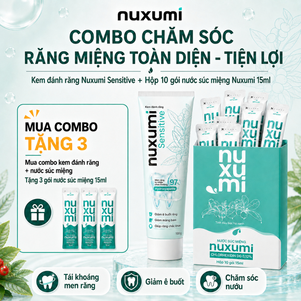 Combo Kem Đánh Răng Nuxumi Sensitive 100g & Nước Súc Miệng Nuxumi Hộp 10 Gói 15ml, Chuẩn Dược Khoa