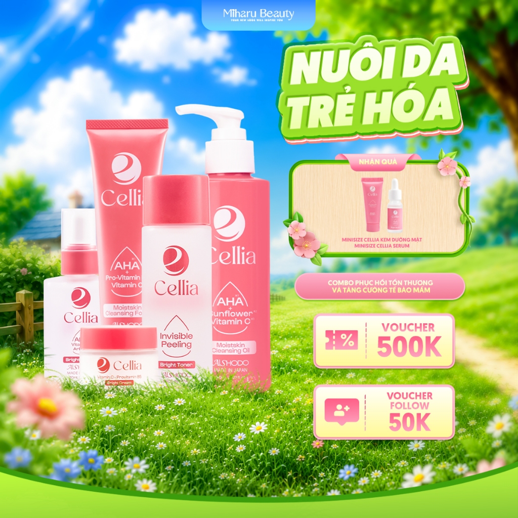 Combo 5 Bước Dưỡng Sáng Da Kiềm Dầu Cellia Moistskin Nhật Bản - Tẩy Trang + Sữa Rửa Mặt + Toner AHA 