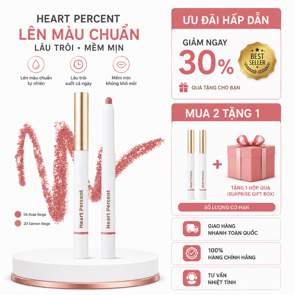 Chì Kẻ Môi Heart Percent 06 Rose Beige 20 Salmon Beige Tạo Nền Son Mịn Viền Môi Đẹp