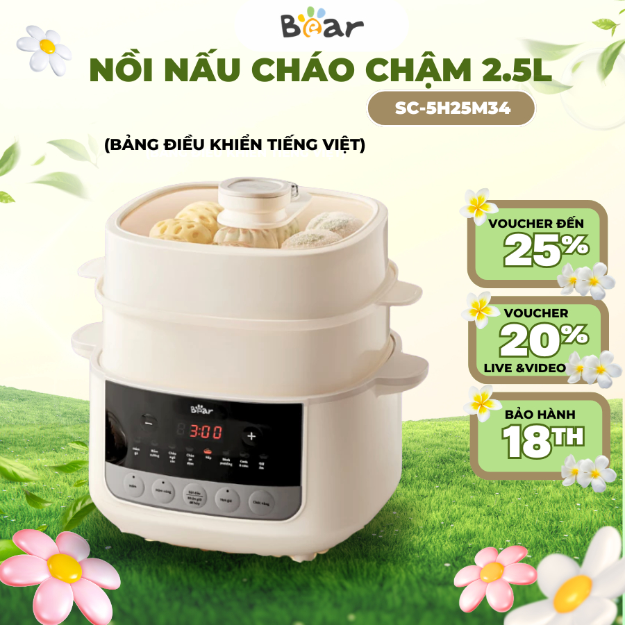 Nồi Nấu Chậm Kèm Lồng Hấp 2.5L Đa Năng Bear SC-5H25M34, Chưng Yến Cách Thủy, Giữ Nhiệt, BH 18 Tháng