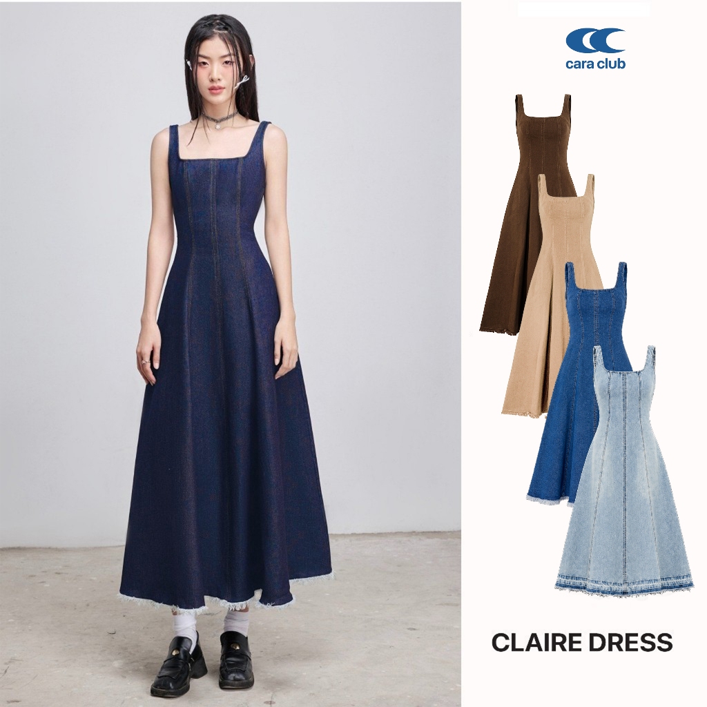 CARA Đầm jean dài hai dây Claire dáng xòe cổ vuông chiết eo cá tính