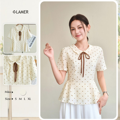 Áo Kiểu Nữ LAMER FASHION Dáng Peplum Cộc Tay Cổ Bẻ Nơ Cổ Công Sở BSTV O61B26H012