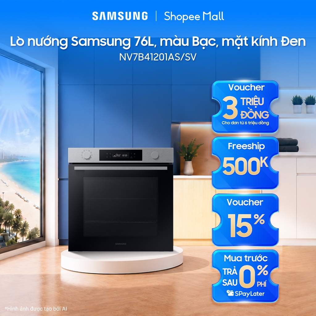 Lò nướng Samsung NV7B41201AS/SV 76L, màu Bạc, mặt kính Đen