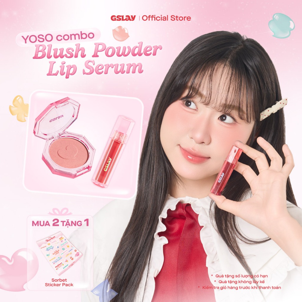 Combo GSLAY YOSO Son dưỡng bóng có màu thuần chay (1ml) & Phấn má hồng mịn lì lên chuẩn màu (5g)