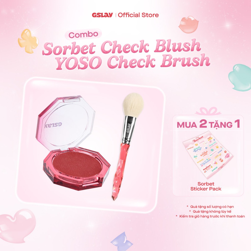 Combo Má Hồng Kem GSLAY Sorbet Cheek Blush mịn lì, dễ tán bền màu (5g) và Cọ Má Hồng lông cọ mềm mượ