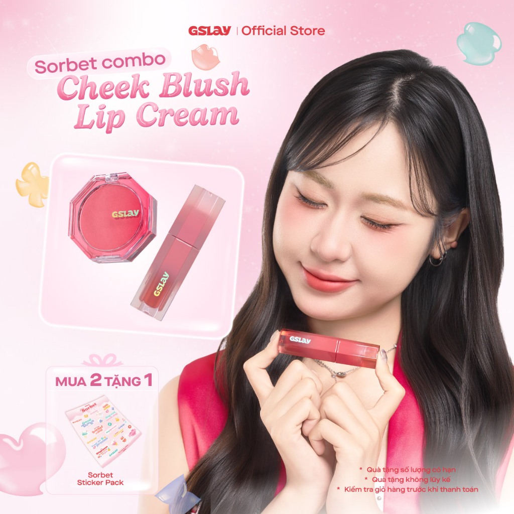 Combo GSLAY SORBET Má hồng kem hoá phấn thuần chay mịn lì (5g) & Son kem mịn mượt mờ lì thuần chay (
