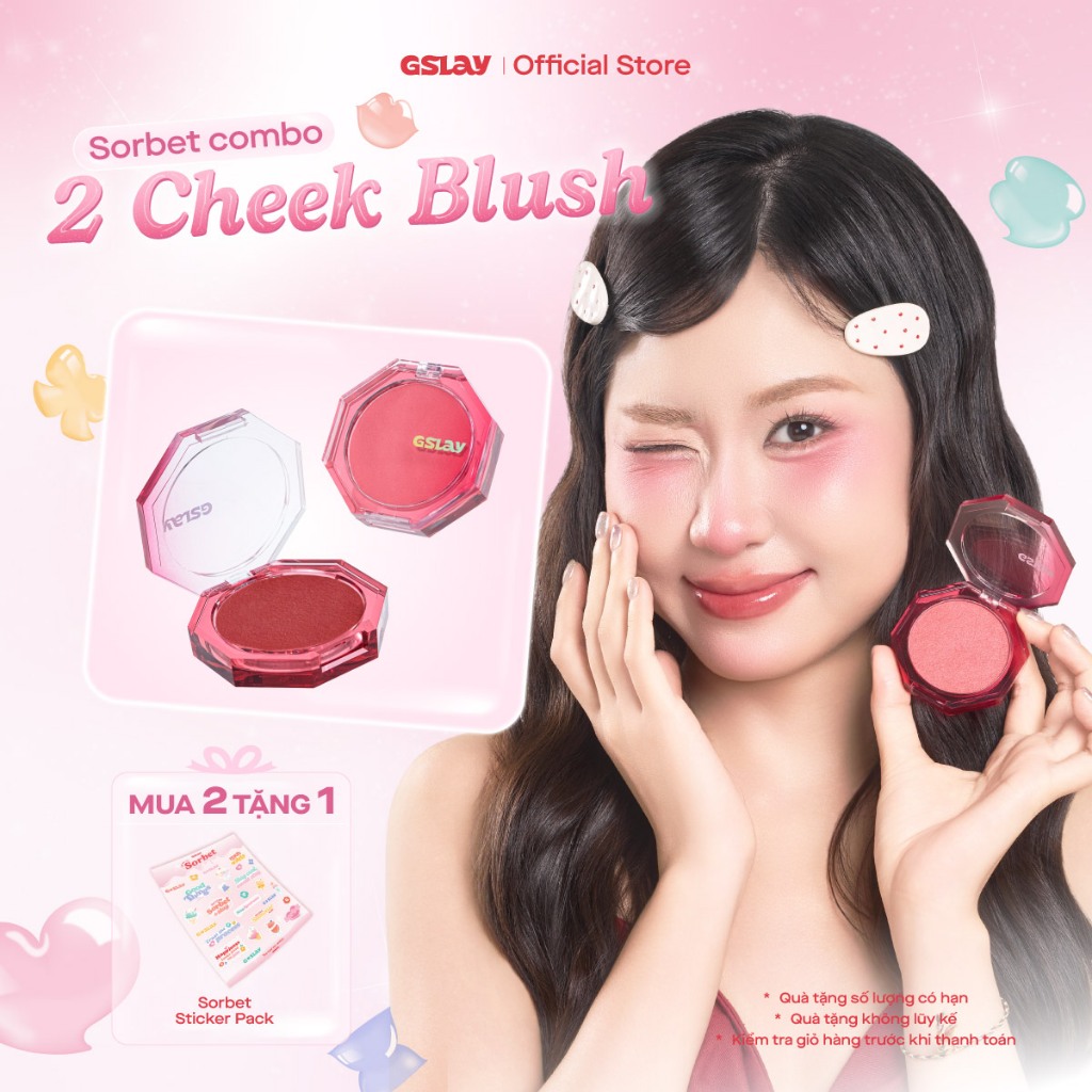 Combo 02 Má Hồng Kem Hoá Phấn GSLAY Sorbet Cheek Blush thuần chay mịn lì và nhũ bắt sáng dễ tán bền 