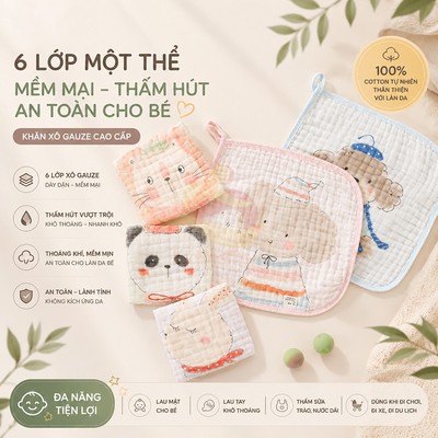 Set 5 khăn sữa cho bé KidAndMom xô nhăn 6 lớp Cotton Organic in hoạ tiết siêu mềm thấm hút KidAndMom