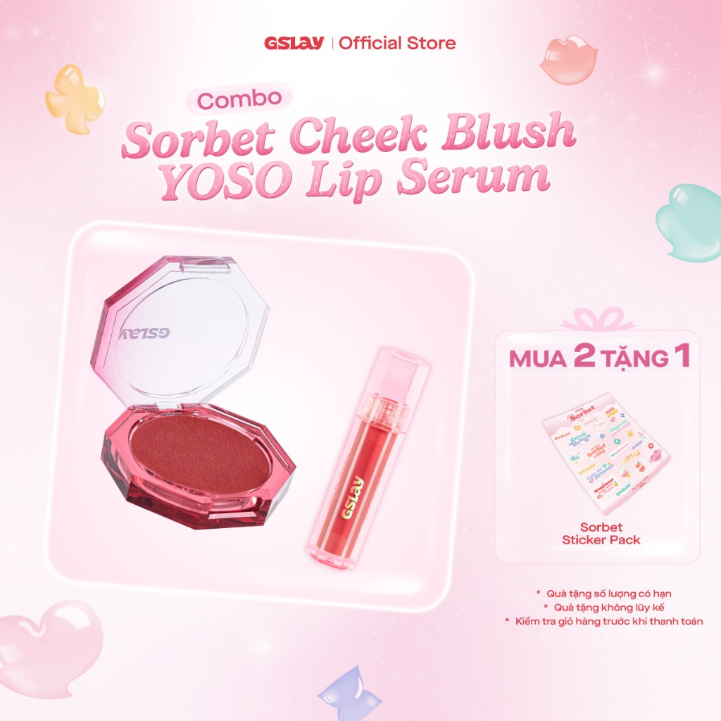 Combo GSLAY YOSO Lip Serum dưỡng ẩm, tái tạo môi (1ml) & GSLAY Sorbet Cheek Blush thuần chay mịn lì 