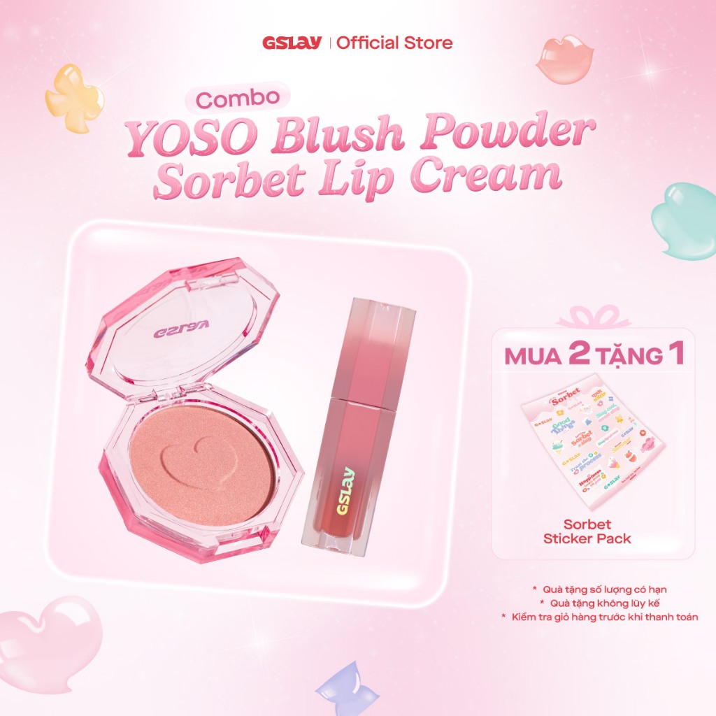Combo GSLAY YOSO Blush Powder mịn lì lên chuẩn màu (5g) & GSLAY Sorbet Lip Cream mịn lì thuần chay g