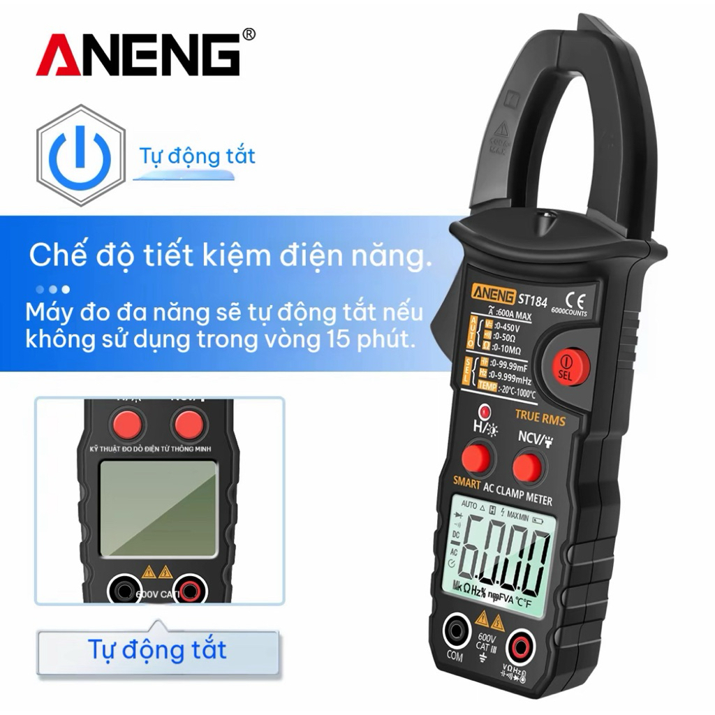 Ampe Kìm ANENG ST184 – Đồng Hồ Kẹp Dòng 6000 Count, Đo Dòng AC, Điện Áp AC/DC, Điện Trở, Tụ Điện
