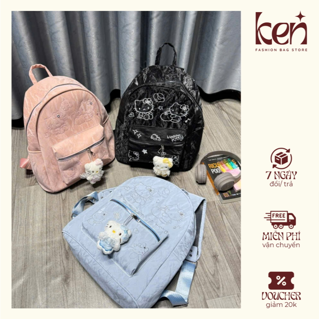 Balo đi học thêu kitty gắn đá kèm charm mèo kitty size 40 quai to BL38 - Ken túi xinh
