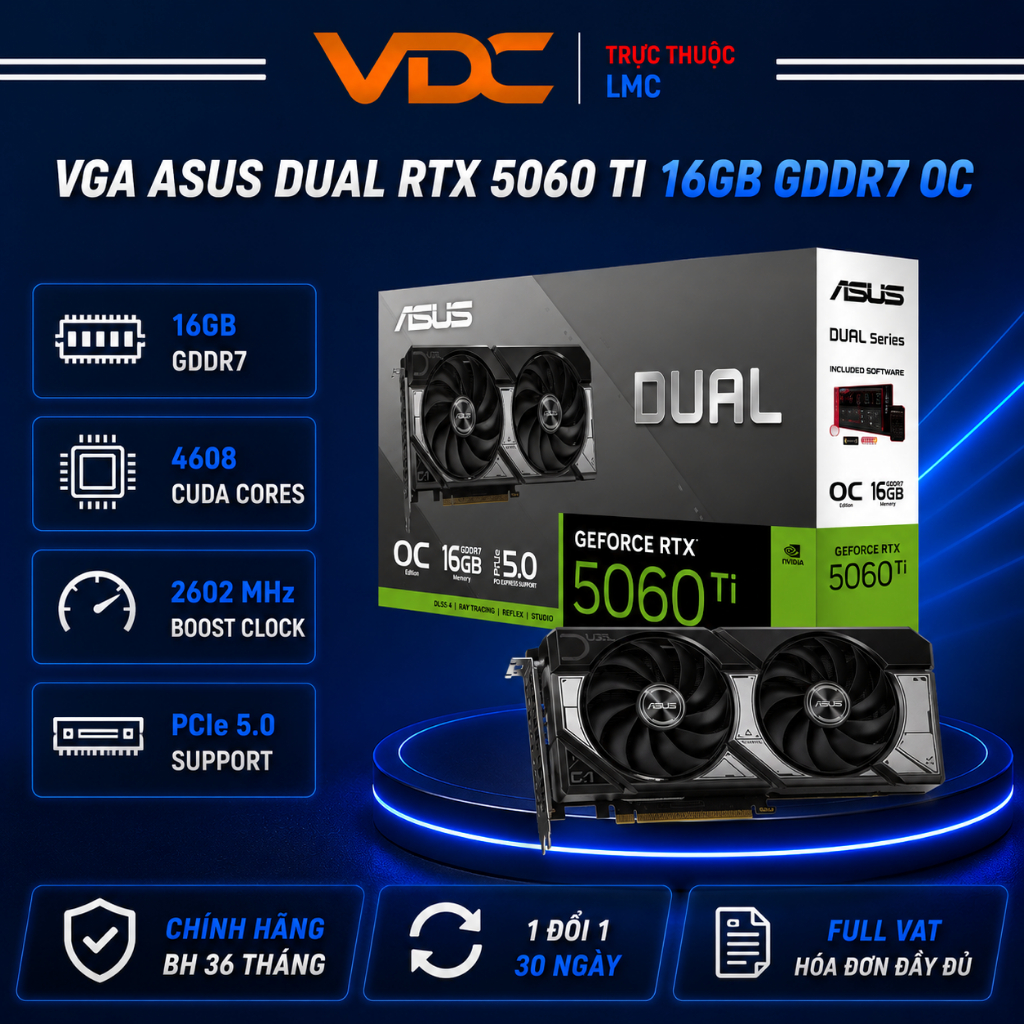 VGA ASUS Dual RTX 5060 Ti 16GB GDDR7 OC New Full VAT