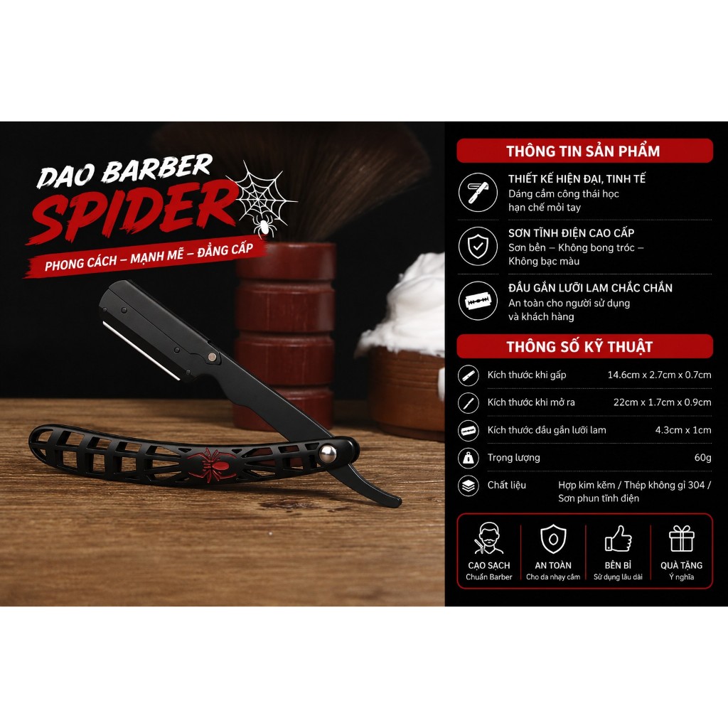 🕷️ Dao Cạo Râu D4 Spider Barber Hợp Kim Kẽm & Inox 304, Thay Lưỡi Dao Lam, Sơn Tĩnh Điện Cao Cấp